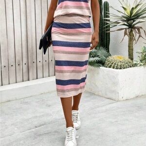 SHEIN Pink and Blue Striped Midi Skirt